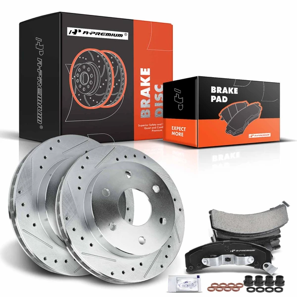 1992-1999 GMC K1500 Suburban Drilled & Slotted Disc Brake Rotors and Ceramic Pads Kit, 6 Pcs, Front Driver & Passenger, A-Premium, APBRPS253