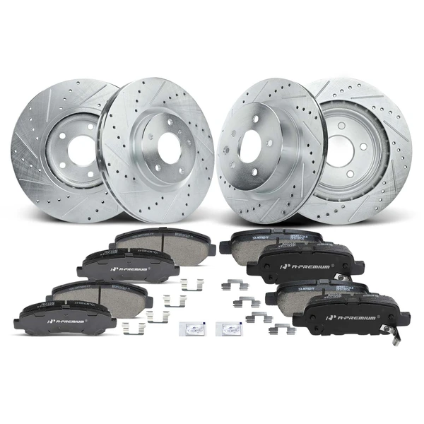 Drilled & Slotted Disc Brake Rotors and Ceramic Pads Kit, 12 Pcs, Front & Rear, A-Premium, APBRPS182