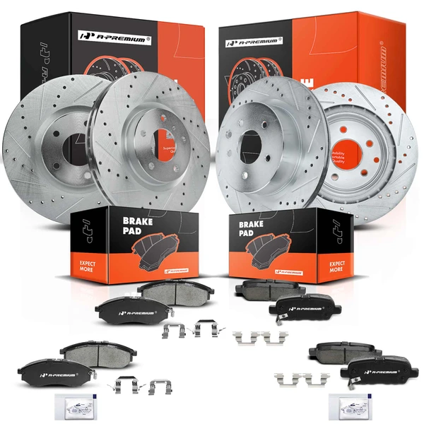 2009-2019 Nissan 370Z Brake Pad and Rotor Kit, 12 Pcs, Front & Rear, A-Premium, APBRPS183