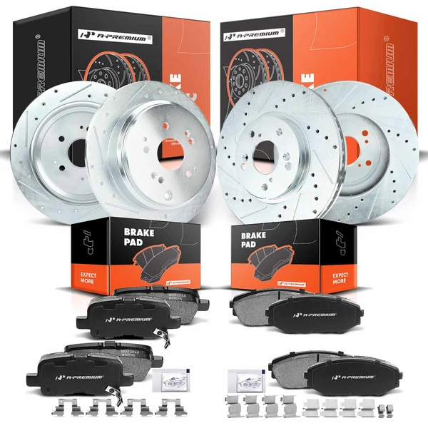 Drilled & Slotted Disc Brake Rotors and Ceramic Pads Kit, 12 Pcs, Front & Rear, A-Premium, APBRPS184