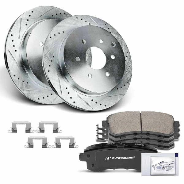 2014-2019 INFINITI QX80 Drilled & Slotted Disc Brake Rotors and Ceramic Pads Kit, 6 Pcs, Rear Driver & Passenger, A-Premium, APBRPS1016