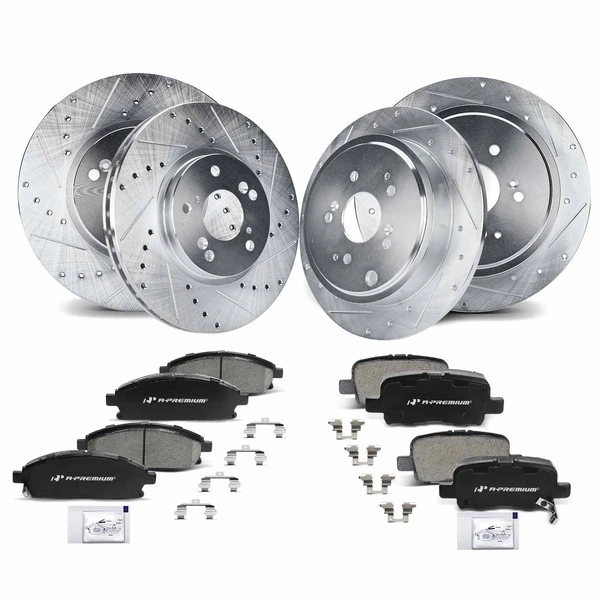 Drilled & Slotted Disc Brake Rotors and Ceramic Pads Kit, 12 Pcs, Front & Rear, A-Premium, APBRPS186