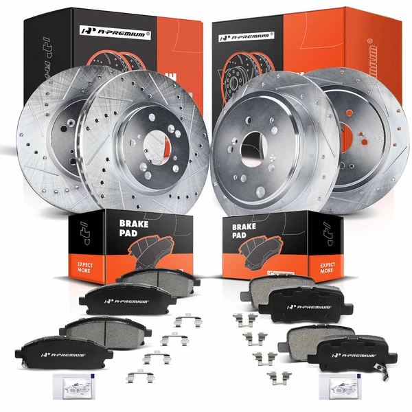 2003-2006 Acura MDX Drilled & Slotted Disc Brake Rotors and Ceramic Pads Kit, 12 Pcs, Front & Rear, A-Premium, APBRPS186