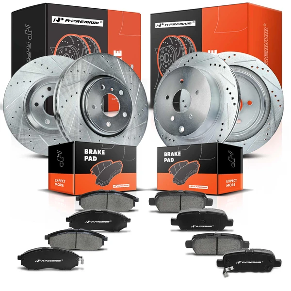 Drilled & Slotted Disc Brake Rotors and Ceramic Pads Kit, 12 Pcs, Front & Rear, A-Premium, APBRPS689