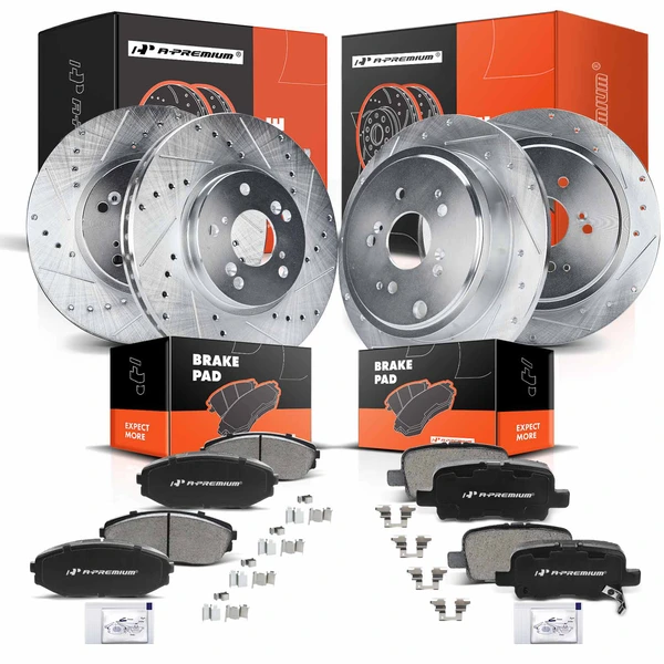 2001-2002 Acura MDX Drilled & Slotted Disc Brake Rotors and Ceramic Pads Kit, 12 Pcs, Front & Rear, A-Premium, APBRPS188
