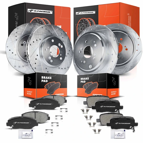 2003-2008 Honda Pilot Drilled & Slotted Disc Brake Rotors and Ceramic Pads Kit, 12 Pcs, Front & Rear, A-Premium, APBRPS185