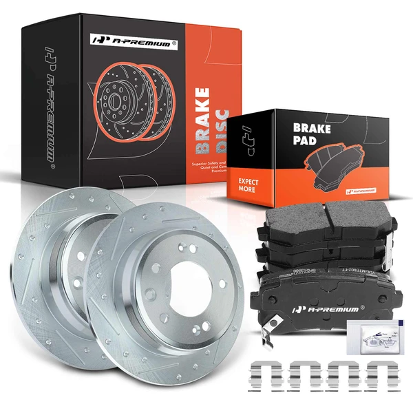 2011-2012 Hyundai Elantra Drilled & Slotted Disc Brake Rotors and Ceramic Pads Kit, 6 Pcs, Rear Driver & Passenger, A-Premium, APBRPS067