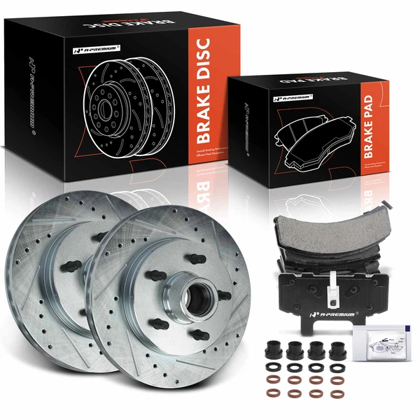 1994-1999 Chevrolet C1500 Suburban Drilled & Slotted Disc Brake Rotors and Ceramic Pads Kit, 6 Pcs, Front Driver & Passenger, A-Premium, APBRPS940