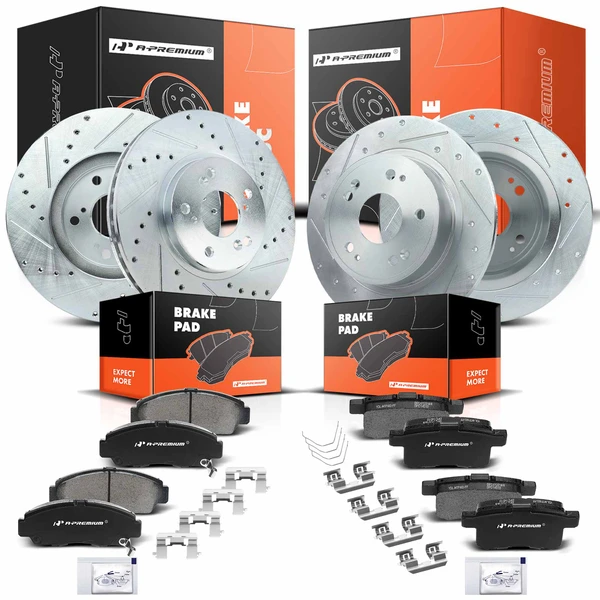 Drilled & Slotted Disc Brake Rotors and Ceramic Pads Kit, 12 Pcs, Front & Rear, A-Premium, APBRPS189