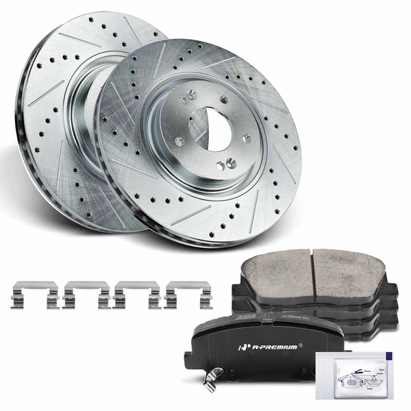 2011-2015 Kia Optima Drilled & Slotted Disc Brake Rotors and Ceramic Pads Kit, 6 Pcs, Front Driver & Passenger, A-Premium, APBRPS1022