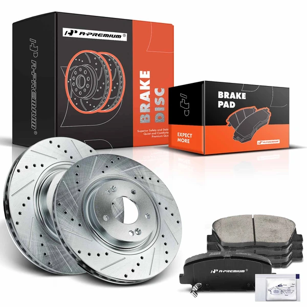 Drilled & Slotted Disc Brake Rotors and Ceramic Pads Kit, 6 Pcs, Front Driver & Passenger, A-Premium, APBRPS1022