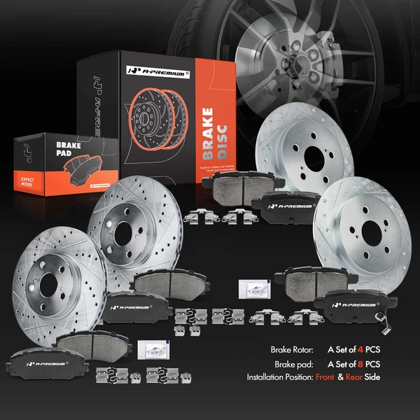 Brake Pad and Rotor Kit, 12 Pcs, Front & Rear, A-Premium, APBRPS069