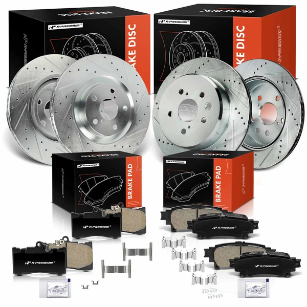 2016 Lexus IS200t Drilled & Slotted Disc Brake Rotors and Ceramic Pads Kit, 12 Pcs, Front & Rear, A-Premium, APBRPS1347