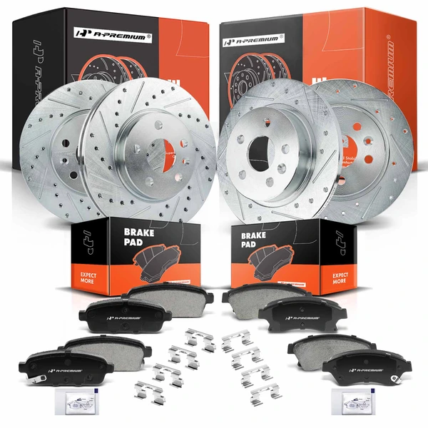 2011-2016 Chevrolet Cruze Drilled & Slotted Disc Brake Rotors and Ceramic Pads Kit, 12 Pcs, Front & Rear, A-Premium, APBRPS254