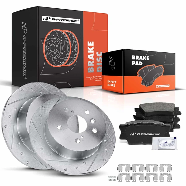 2013-2018 Lexus ES350 Drilled & Slotted Disc Brake Rotors and Ceramic Pads Kit, 6 Pcs, Rear Driver & Passenger, A-Premium, APBRPS330