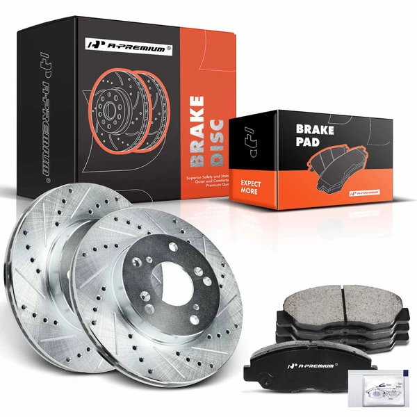 Drilled & Slotted Disc Brake Rotors and Ceramic Pads Kit, 6 Pcs, Front Driver & Passenger, A-Premium, APBRPS1023