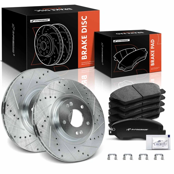 2015-2016 Hyundai Santa Fe XL Drilled & Slotted Disc Brake Rotors and Ceramic Pads Kit, 6 Pcs, Front Driver & Passenger, A-Premium, APBRPS466
