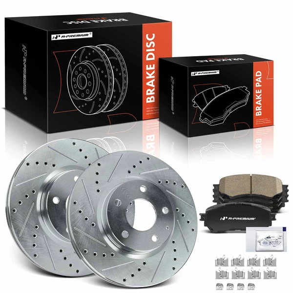 2014-2018 Mazda 6 Drilled & Slotted Disc Brake Rotors and Ceramic Pads Kit, 6 Pcs, Front Driver & Passenger, A-Premium, APBRPS1405