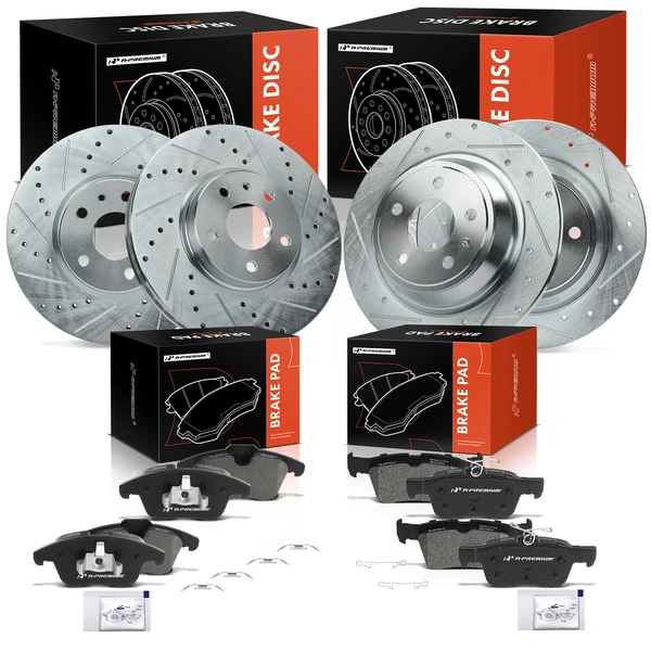 2013-2020 Ford Fusion Drilled & Slotted Disc Brake Rotors and Ceramic Pads Kit, 12 Pcs, Front & Rear, A-Premium, APBRPS468