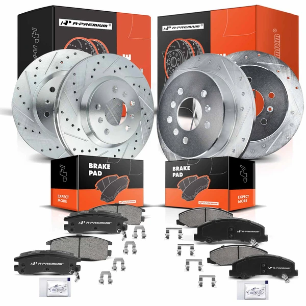 2006-2007 Chevrolet Monte Carlo Drilled & Slotted Disc Brake Rotors and Ceramic Pads Kit, 12 Pcs, Front & Rear, A-Premium, APBRPS191