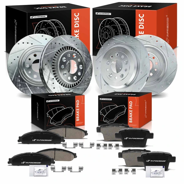 2005-2007 Ford Freestyle Drilled & Slotted Disc Brake Rotors and Ceramic Pads Kit, 12 Pcs, Front & Rear, A-Premium, APBRPS470