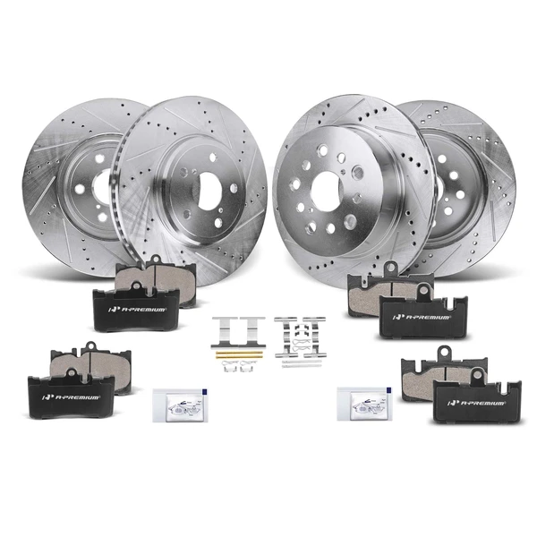 Drilled & Slotted Disc Brake Rotors and Ceramic Pads Kit, 12 Pcs, Front & Rear, A-Premium, APBRPS695