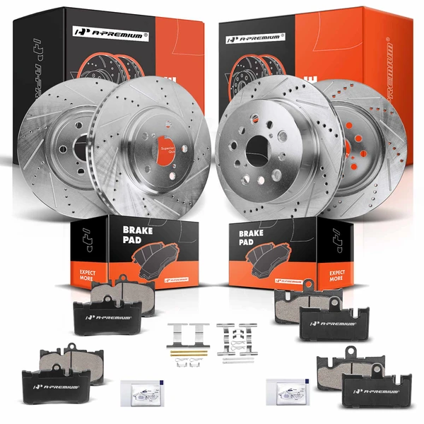2001-2006 Lexus LS430 Drilled & Slotted Disc Brake Rotors and Ceramic Pads Kit, 12 Pcs, Front & Rear, A-Premium, APBRPS695