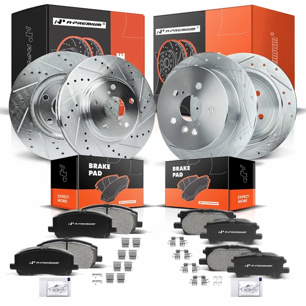 Drilled & Slotted Disc Brake Rotors and Ceramic Pads Kit, 12 Pcs, Front & Rear, A-Premium, APBRPS696