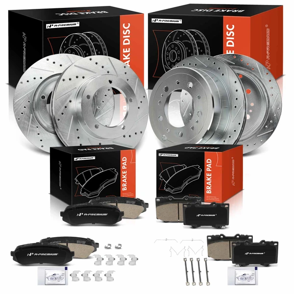 1998-2007 Lexus LX470 Drilled & Slotted Disc Brake Rotors and Ceramic Pads Kit, 12 Pcs, Front & Rear, A-Premium, APBRPS1355