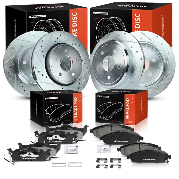 2006-2010 Jeep Commander Drilled & Slotted Disc Brake Rotors and Ceramic Pads Kit, 12 Pcs, Front & Rear, A-Premium, APBRPS471