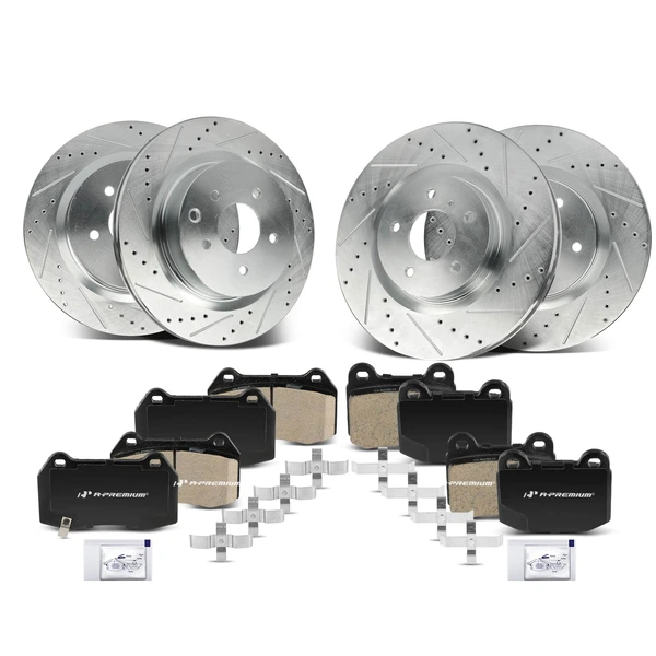 2004 INFINITI G35 Drilled & Slotted Disc Brake Rotors and Ceramic Pads Kit, 12 Pcs, Front & Rear, A-Premium, APBRPS1359