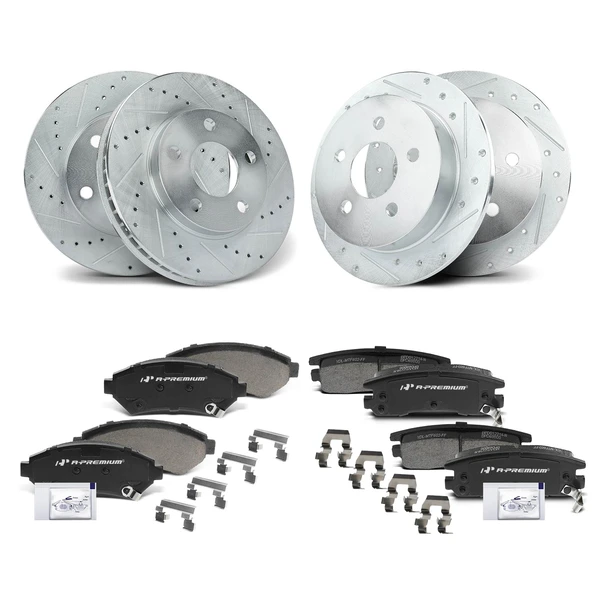 2000-2005 Pontiac Bonneville Drilled & Slotted Disc Brake Rotors and Ceramic Pads Kit, 12 Pcs, Front & Rear, A-Premium, APBRPS193