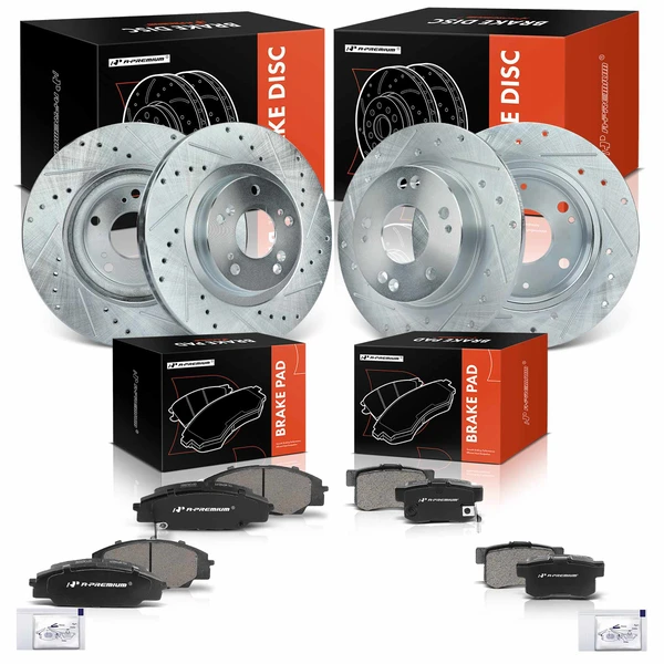2006-2011 Honda Civic Drilled & Slotted Disc Brake Rotors and Ceramic Pads Kit, 12 Pcs, Front & Rear, A-Premium, APBRPS697