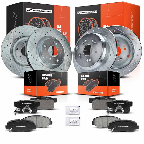 2005-2006 Honda CR-V Drilled & Slotted Disc Brake Rotors and Ceramic Pads Kit, 12 Pcs, Front & Rear, A-Premium, APBRPS699