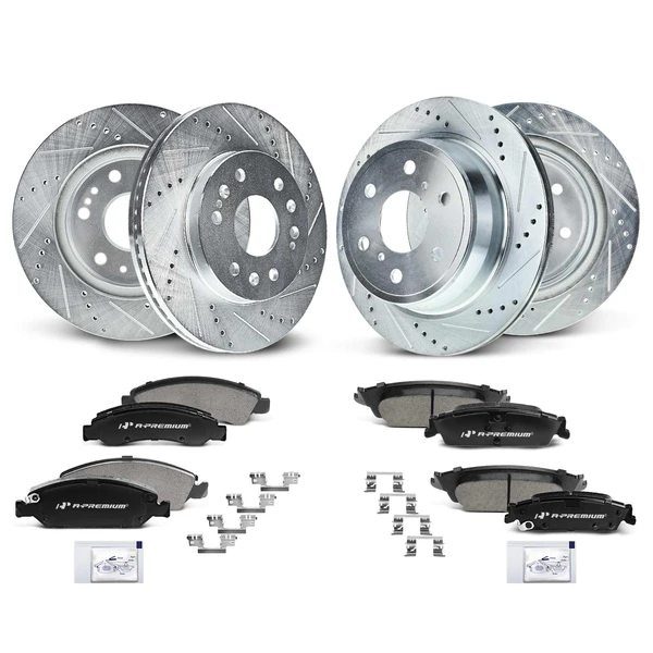 Drilled & Slotted Disc Brake Rotors and Ceramic Pads Kit, 12 Pcs, Front & Rear, A-Premium, APBRPS197