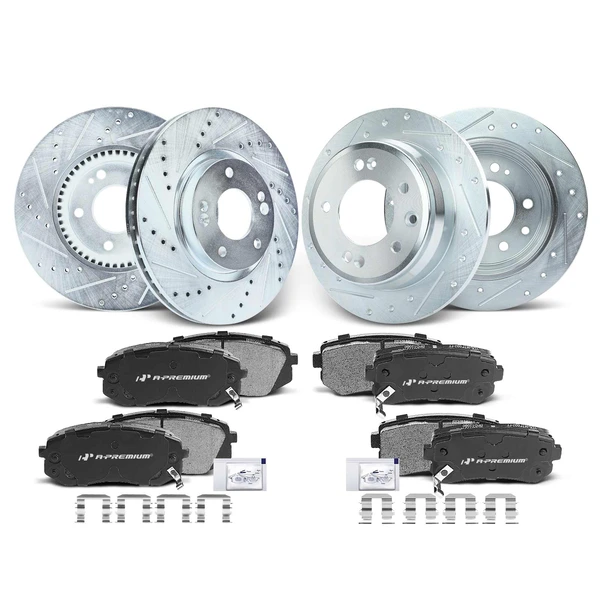 Drilled & Slotted Disc Brake Rotors and Ceramic Pads Kit, 12 Pcs, Front & Rear, A-Premium, APBRPS199