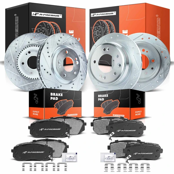 2013-2015 Hyundai Tucson Drilled & Slotted Disc Brake Rotors and Ceramic Pads Kit, 12 Pcs, Front & Rear, A-Premium, APBRPS199