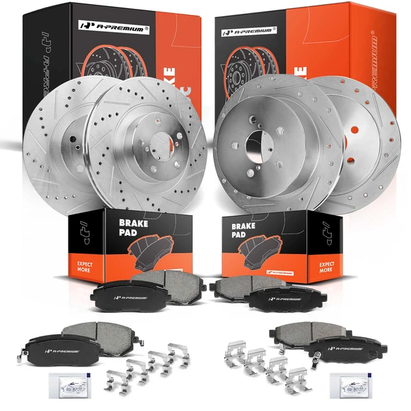 2005-2009 Subaru Outback Drilled & Slotted Disc Brake Rotors and Ceramic Pads Kit, 12 Pcs, Front & Rear, A-Premium, APBRPS196