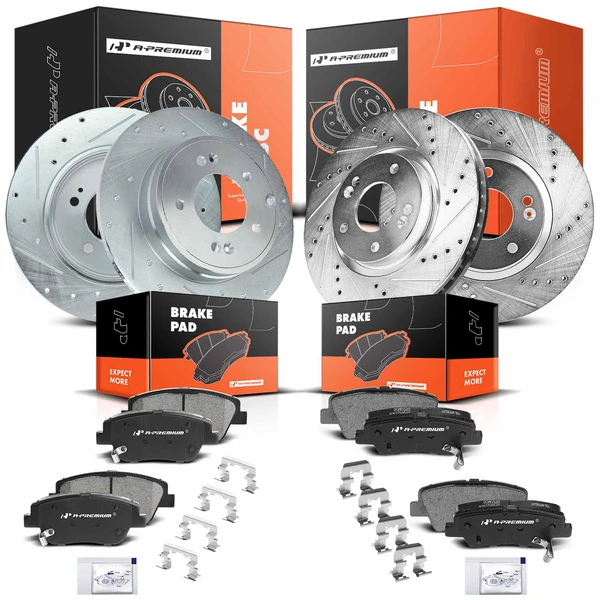 2011-2015 Kia Optima Drilled & Slotted Disc Brake Rotors and Ceramic Pads Kit, 12 Pcs, Front & Rear, A-Premium, APBRPS200