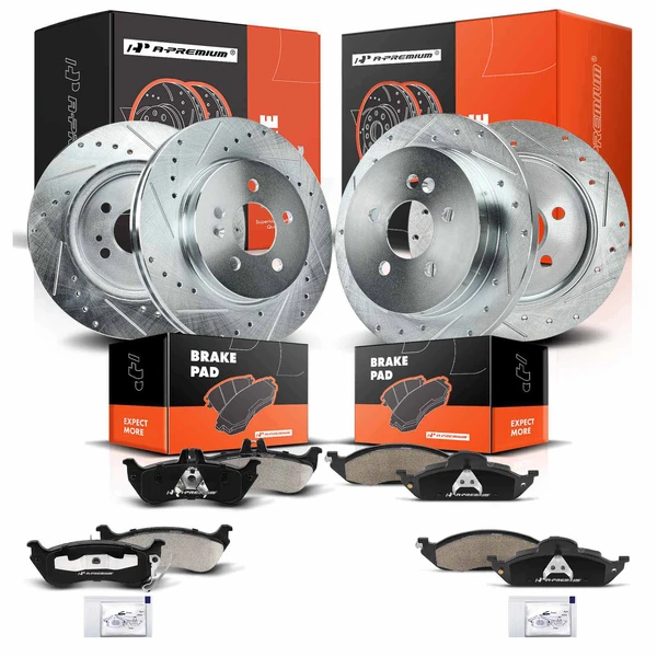 Drilled & Slotted Disc Brake Rotors and Ceramic Pads Kit, 12 Pcs, Front & Rear, A-Premium, APBRPS1049