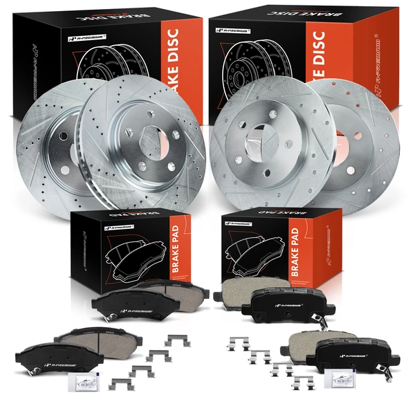 2005-2009 Buick Allure Drilled & Slotted Disc Brake Rotors and Ceramic Pads Kit, 12 Pcs, Front & Rear, A-Premium, APBRPS474