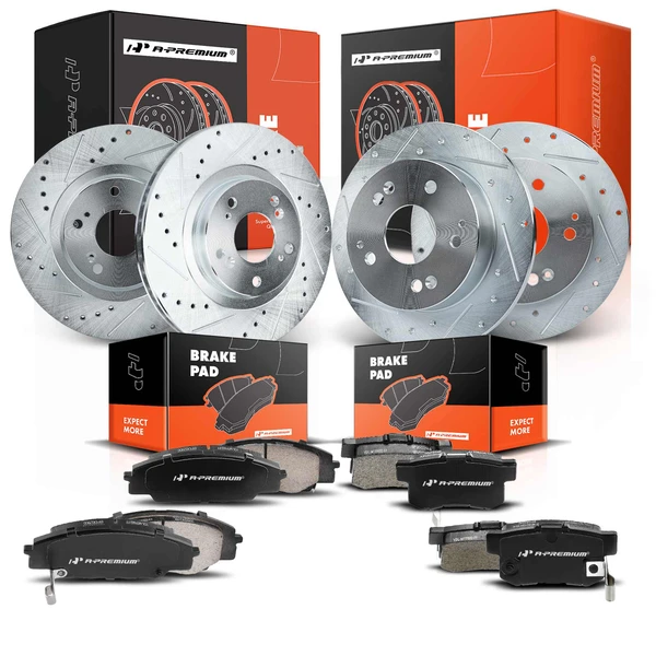 1998-2002 Honda Accord Drilled & Slotted Disc Brake Rotors and Ceramic Pads Kit, 12 Pcs, Front & Rear, A-Premium, APBRPS701