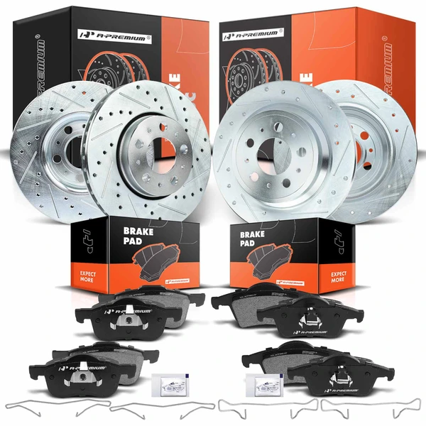 2001-2007 Volvo V70 Drilled & Slotted Disc Brake Rotors and Ceramic Pads Kit, 12 Pcs, Front & Rear, A-Premium, APBRPS331