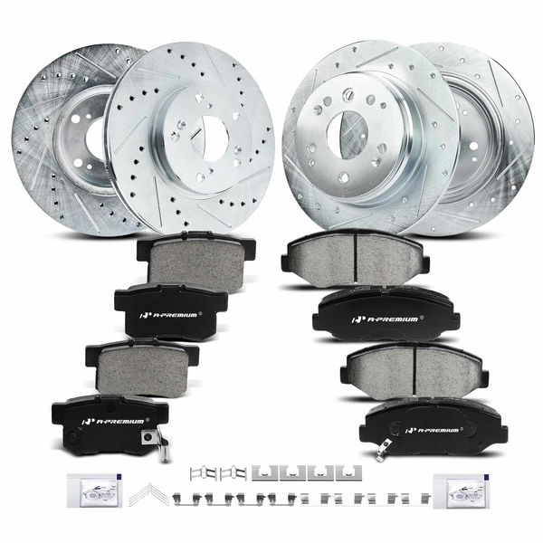 Drilled & Slotted Disc Brake Rotors and Ceramic Pads Kit, 12 Pcs, Front & Rear, A-Premium, APBRPS204