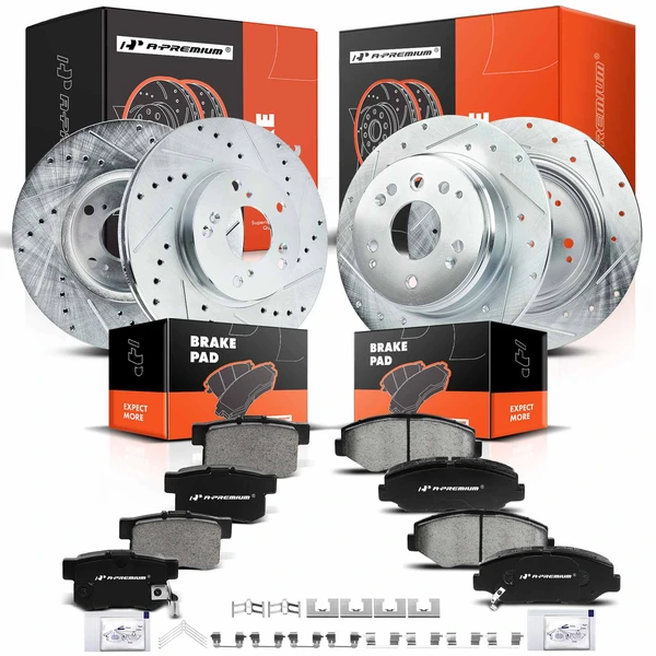Drilled & Slotted Disc Brake Rotors and Ceramic Pads Kit, 12 Pcs, Front & Rear, A-Premium, APBRPS204