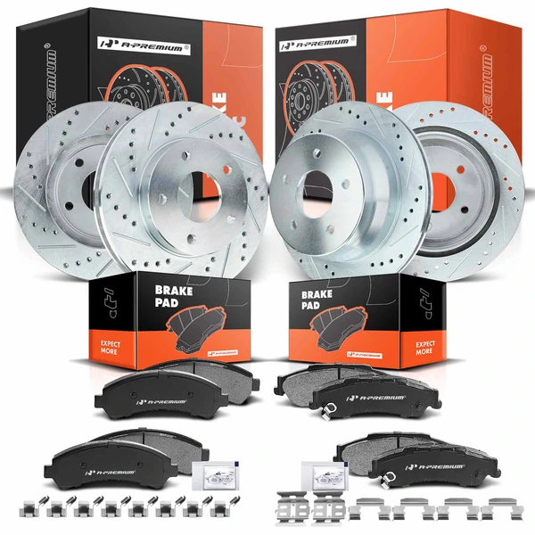 1998-2004 GMC Sonoma Drilled & Slotted Disc Brake Rotors and Ceramic Pads Kit, 12 Pcs, Front & Rear, A-Premium, APBRPS332