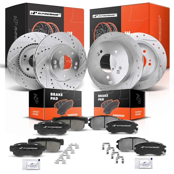 2008-2010 Hyundai Sonata Drilled & Slotted Disc Brake Rotors and Ceramic Pads Kit, 12 Pcs, Front & Rear, A-Premium, APBRPS207