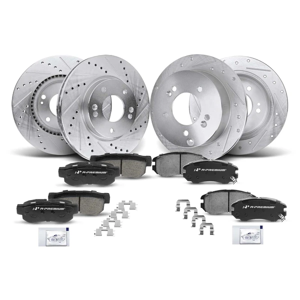 Drilled & Slotted Disc Brake Rotors and Ceramic Pads Kit, 12 Pcs, Front & Rear, A-Premium, APBRPS208