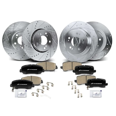 12 Pcs Front & Rear Drilled Rotors & Ceramic Brake Pads