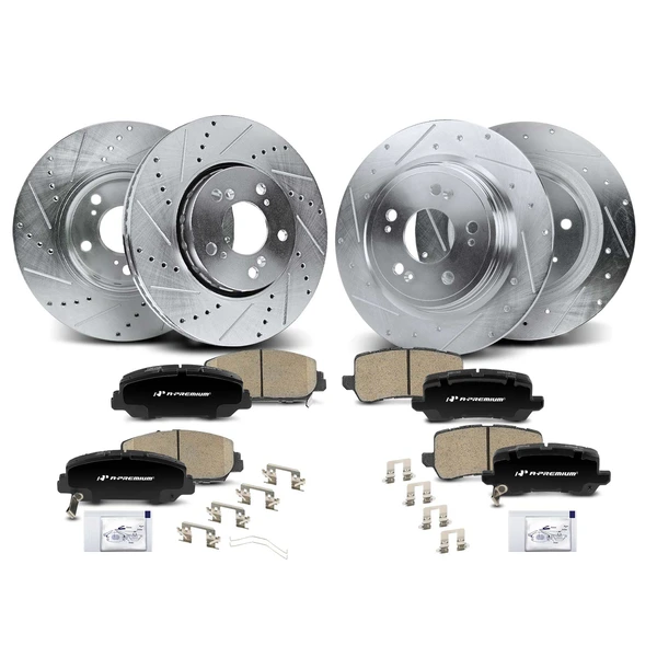 2014-2020 Acura RLX Drilled & Slotted Disc Brake Rotors and Ceramic Pads Kit, 12 Pcs, Front & Rear, A-Premium, APBRPS1360
